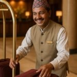 Image of a nepali man working as a bell boy